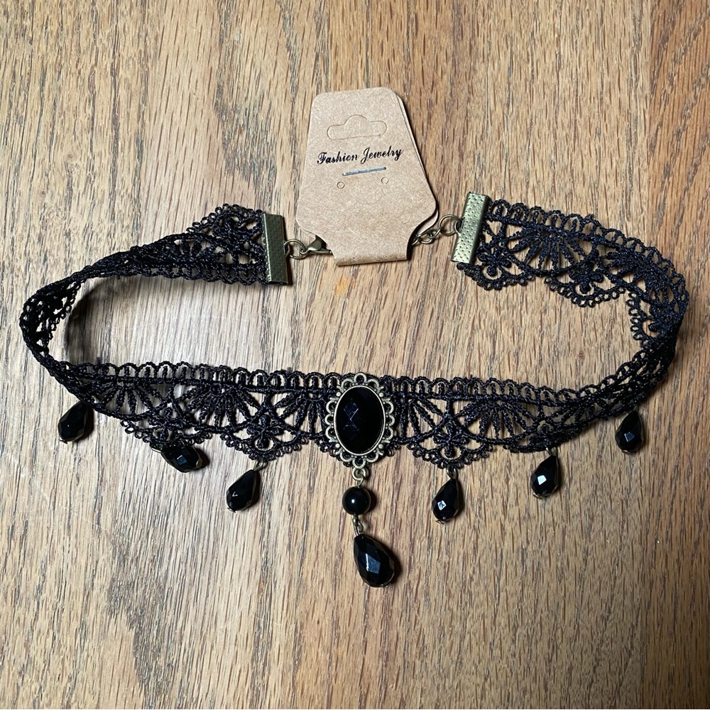 Black Gothic Lace Beaded Choker